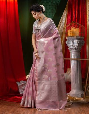 HOUSE OF BEGUMs Pure Organza Pink With Meena Work with Blouse Piece 3