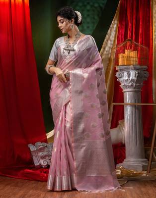 HOUSE OF BEGUMs Pure Organza Pink With Meena Work with Blouse Piece 4