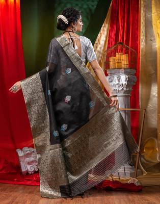 HOUSE OF BEGUMs Pure Organza Black With Meena Work with Blouse Piece 2