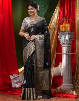 HOUSE OF BEGUMs Pure Organza Black With Meena Work with Blouse Piece 4