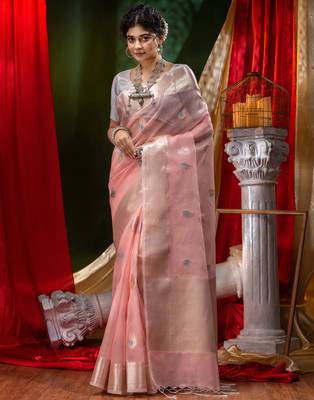 HOUSE OF BEGUMs Pure Organza Pech With Meena Work with Blouse Piece 1