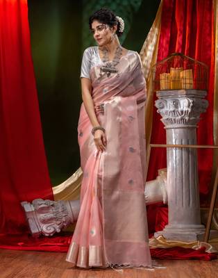 HOUSE OF BEGUMs Pure Organza Pech With Meena Work with Blouse Piece 4