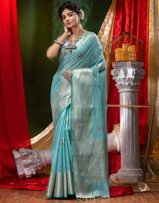 HOUSE OF BEGUMs Pure Organza Firozi With Meena Work with Blouse Piece 1