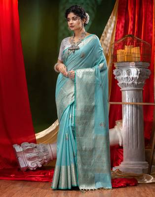 HOUSE OF BEGUMs Pure Organza Firozi With Meena Work with Blouse Piece 4