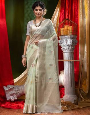 HOUSE OF BEGUMs Pure Organza Light Green With Meena Work with Blouse Piece 1
