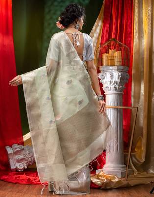 HOUSE OF BEGUMs Pure Organza Light Green With Meena Work with Blouse Piece 2