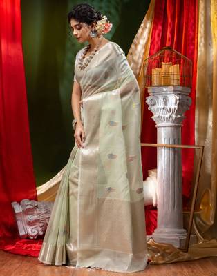 HOUSE OF BEGUMs Pure Organza Light Green With Meena Work with Blouse Piece 3