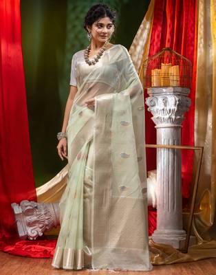HOUSE OF BEGUMs Pure Organza Light Green With Meena Work with Blouse Piece 4