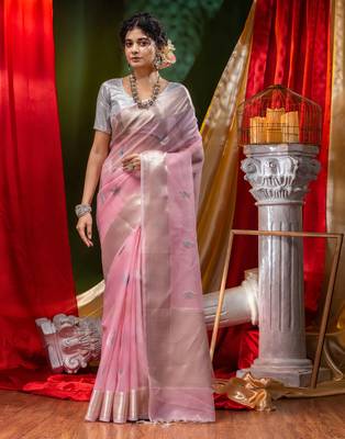 HOUSE OF BEGUMs Pure Organza Pink With Meena Work with Blouse Piece 1
