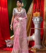 HOUSE OF BEGUMs Pure Organza Pink With Meena Work with Blouse Piece