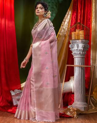 HOUSE OF BEGUMs Pure Organza Pink With Meena Work with Blouse Piece 3