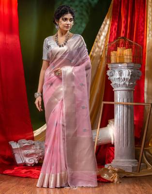 HOUSE OF BEGUMs Pure Organza Pink With Meena Work with Blouse Piece 4
