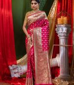 HOUSE OF BEGUMs Bridal Banarasi Rani Pink Silk Saree with Blouse Piece