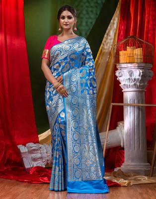 HOUSE OF BEGUMs Bridal Banarasi Blue Silk Saree with Blouse Piece 1
