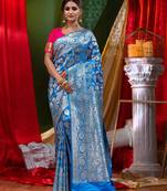 HOUSE OF BEGUMs Bridal Banarasi Blue Silk Saree with Blouse Piece