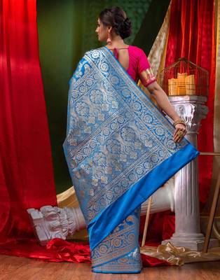 HOUSE OF BEGUMs Bridal Banarasi Blue Silk Saree with Blouse Piece 2