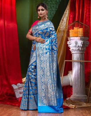 HOUSE OF BEGUMs Bridal Banarasi Blue Silk Saree with Blouse Piece 3
