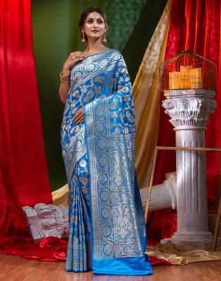 HOUSE OF BEGUMs Bridal Banarasi Blue Silk Saree with Blouse Piece 4