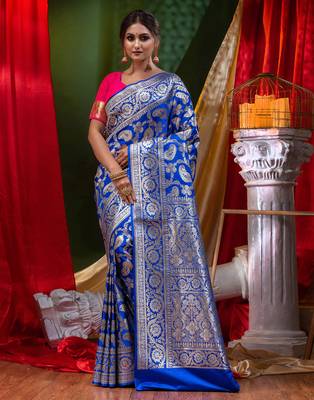 HOUSE OF BEGUMs Bridal Banarasi Blue Silk Saree with Blouse Piece 1