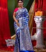 HOUSE OF BEGUMs Bridal Banarasi Blue Silk Saree with Blouse Piece