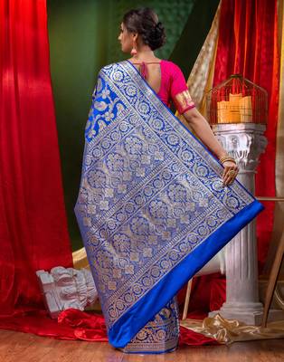HOUSE OF BEGUMs Bridal Banarasi Blue Silk Saree with Blouse Piece 2