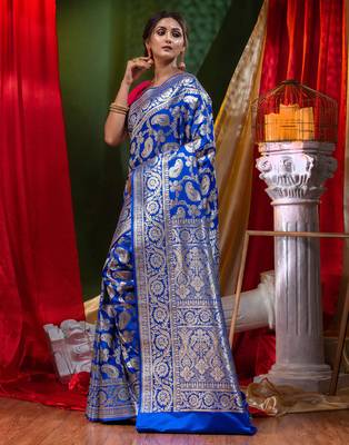 HOUSE OF BEGUMs Bridal Banarasi Blue Silk Saree with Blouse Piece 3