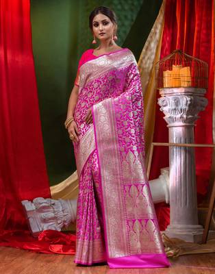 HOUSE OF BEGUMs Bridal Banarasi Rani Pink Silk Saree with Blouse Piece 1