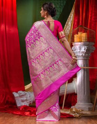 HOUSE OF BEGUMs Bridal Banarasi Rani Pink Silk Saree with Blouse Piece 2