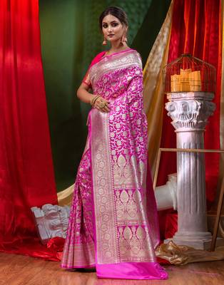 HOUSE OF BEGUMs Bridal Banarasi Rani Pink Silk Saree with Blouse Piece 3