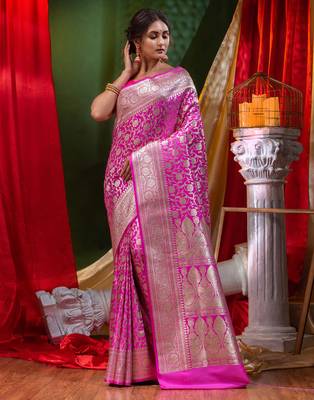 HOUSE OF BEGUMs Bridal Banarasi Rani Pink Silk Saree with Blouse Piece 4