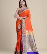 HOUSE OF BEGUMs Satin Silk Orange Saree With All Over Floral Jacquard Weave and Stone Work Embellished with Blouse Piece