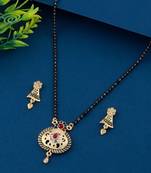 Traditional Red Diamond Round Pendant Mangalsutra With Earring for Women