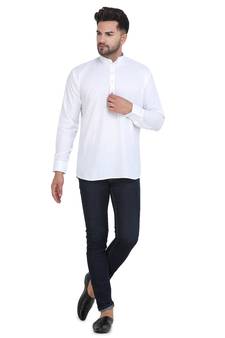 Mag Men's White Casual Cotton Blend Short kurta for men