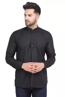 Mag Men's Black Casual Cotton Blend Short kurta for men