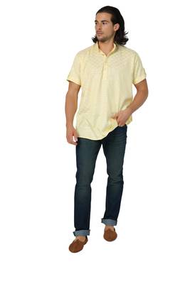 Mag Men's Yellow Casual Cotton Blend Check half sleeve short kurti For Men 1