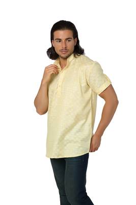Mag Men's Yellow Casual Cotton Blend Check half sleeve short kurti For Men 3