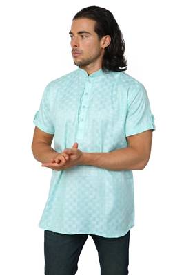 Mag Men's Light Green Casual Cotton Blend Check half sleeve short kurti For Men 1