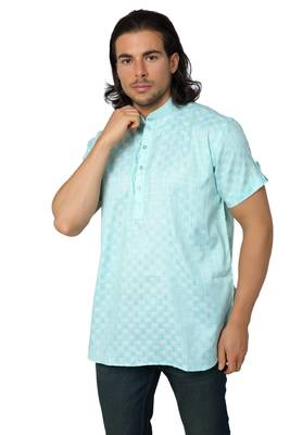 Mag Men's Light Green Casual Cotton Blend Check half sleeve short kurti For Men 2