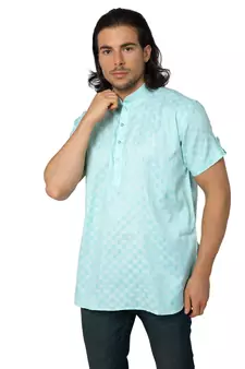 Mag Men's Light Green Casual Cotton Blend Check half sleeve short kurti For Men