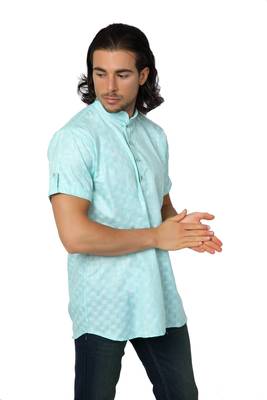 Mag Men's Light Green Casual Cotton Blend Check half sleeve short kurti For Men 3