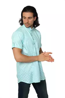 Mag Men's Light Green Casual Cotton Blend Check half sleeve short kurti For Men