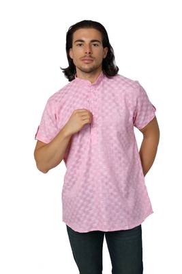 Mag Men's Pink Casual Cotton Blend Check half sleeve short kurti For Men 1