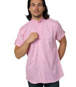 Mag Men's Pink Casual Cotton Blend Check half sleeve short kurti For Men