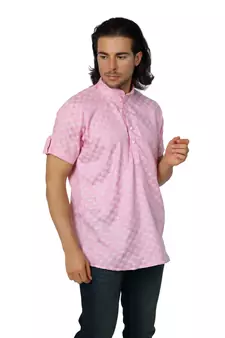 Mag Men's Pink Casual Cotton Blend Check half sleeve short kurti For Men