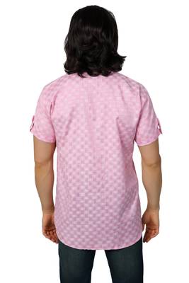 Mag Men's Pink Casual Cotton Blend Check half sleeve short kurti For Men 4