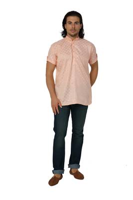 Mag Men's Light Orange Casual Cotton Blend Check half sleeve short kurti For Men 1