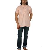 Mag Men's Light Orange Casual Cotton Blend Check half sleeve short kurti For Men