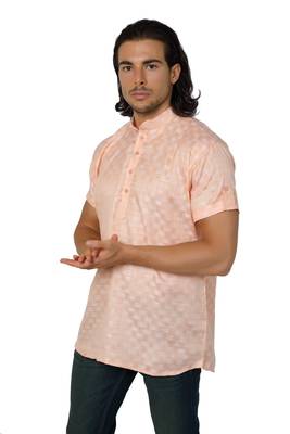 Mag Men's Light Orange Casual Cotton Blend Check half sleeve short kurti For Men 2