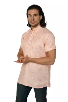 Mag Men's Light Orange Casual Cotton Blend Check half sleeve short kurti For Men