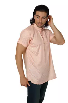Mag Men's Light Orange Casual Cotton Blend Check half sleeve short kurti For Men